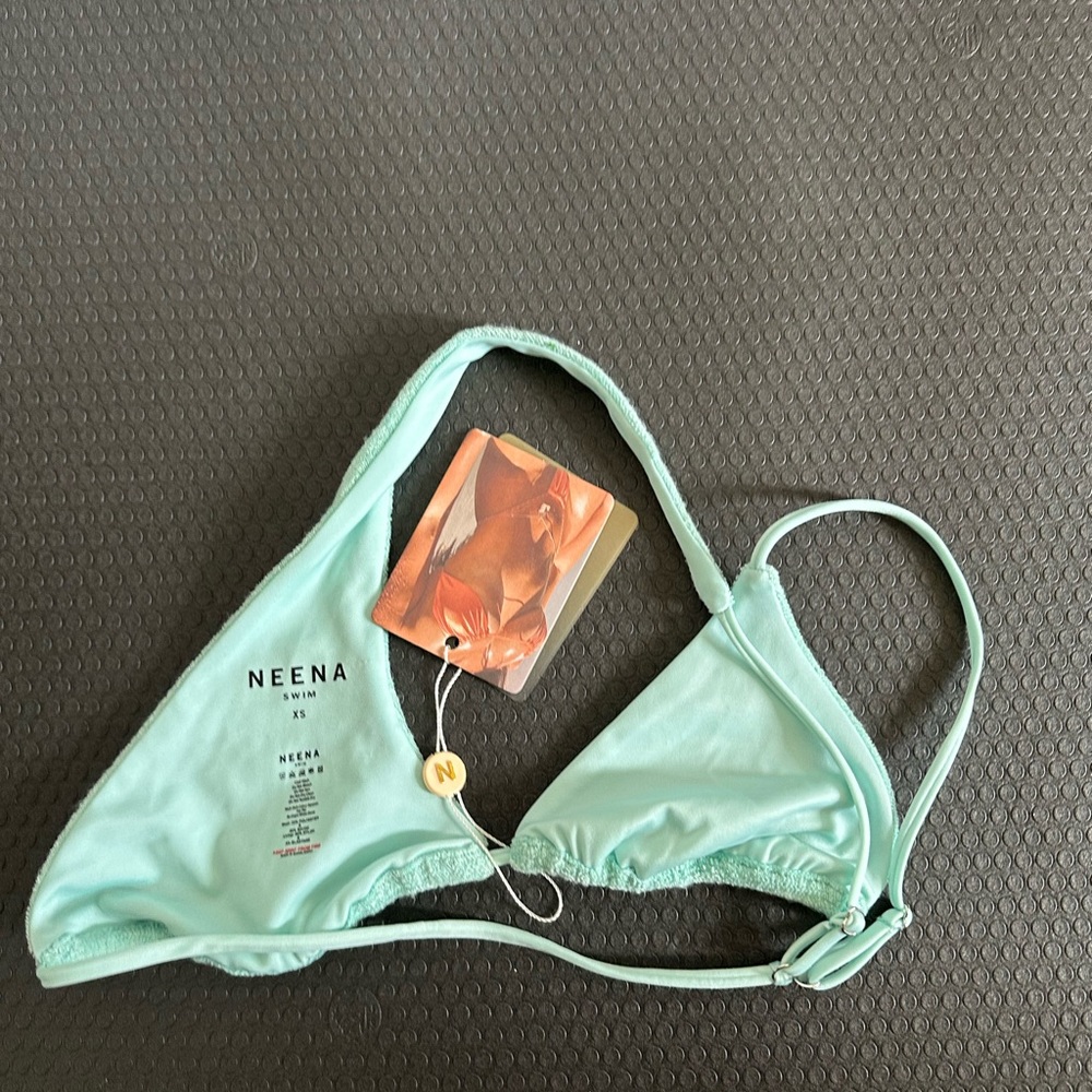 NWT NEENA Aqua Teal One Shoulder Double Strap Terry Cloth Bikini Top size XS - Picture 4 of 6